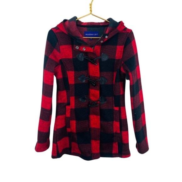 Madden Girl Red and Black Buffalo Check Fleece Jacket - Picture 1 of 12